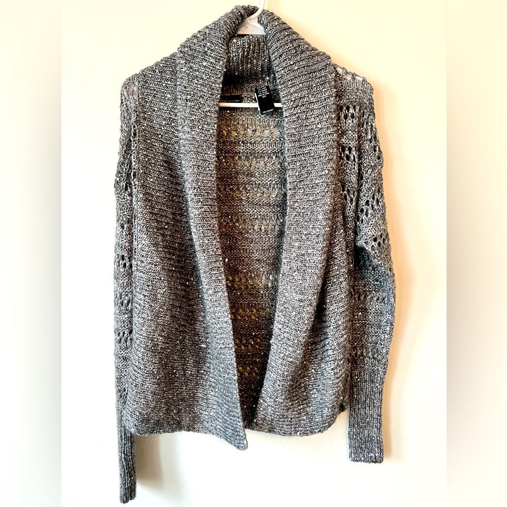 Gray Open-Front Sweater with sparkly silver sequin details